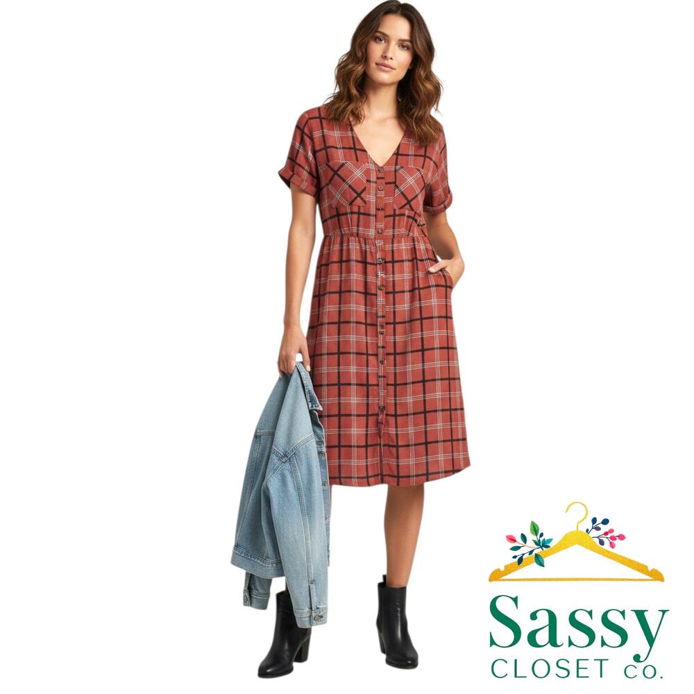 MONTEAU Rust Plaid Button Front Midi Dress M Short Sleeve EUC
